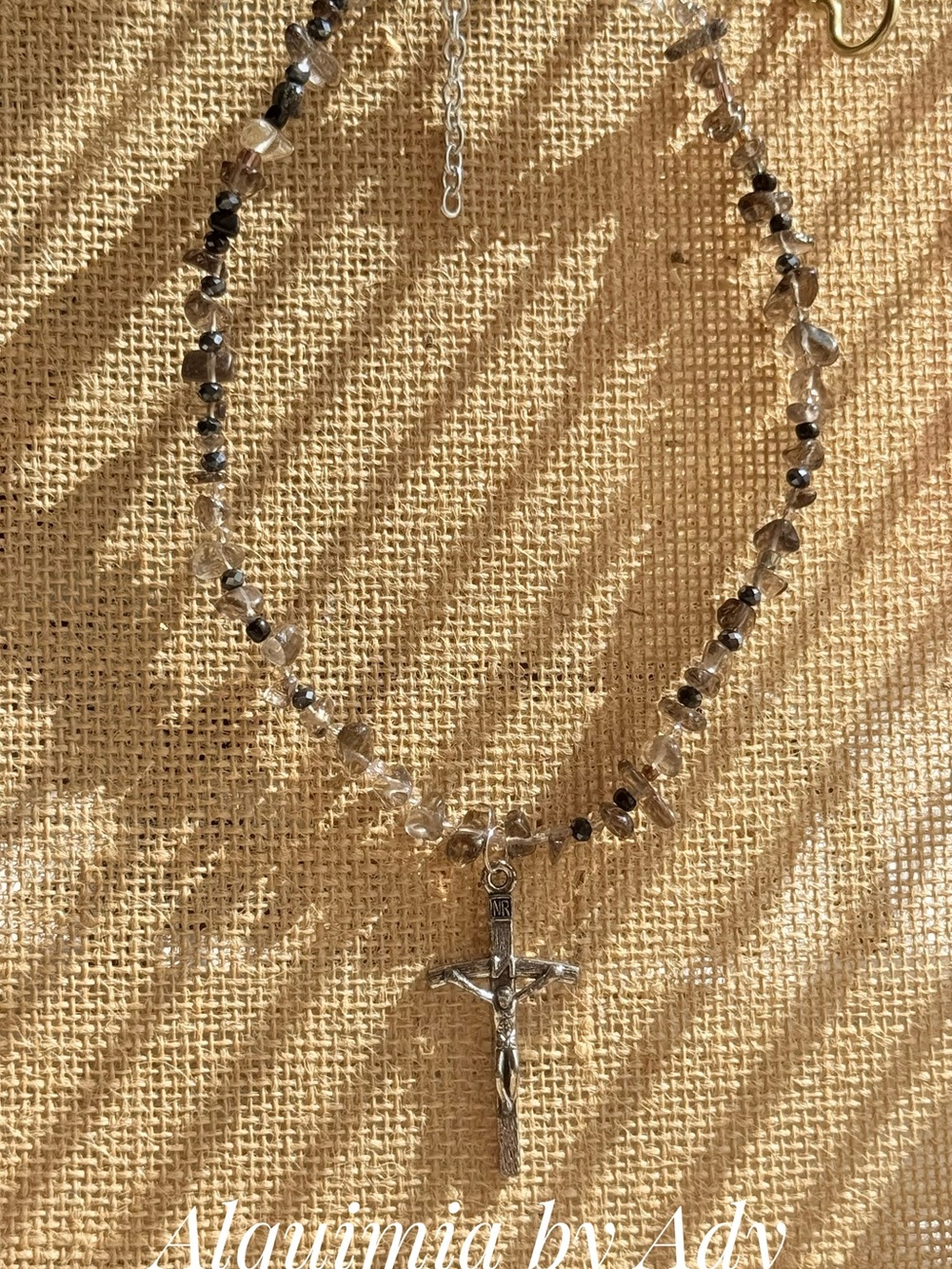 Smoky Quartz & silver short Necklace with big Vintage Cross